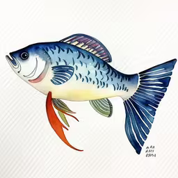 blue fish with red tails and orange fin,a fish painted on paper with watercolor