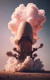 a large building on fire with pink smoke in the air