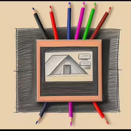 an image of a pencil drawing of a tent,a frame of colored pencils and a drawing with a tent