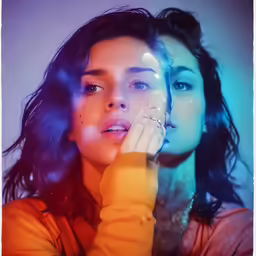 there is a woman holding a glass with a light on her face
