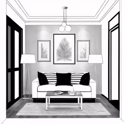 black and white drawing of living room with striped couch and coffee table