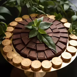 the cake is made to look like a circular wooden board with many different stacks and trees on top