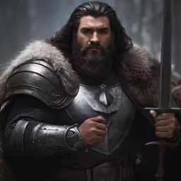 the character in a medieval style outfit, holding two swords
