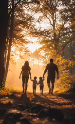 a family walking in the forest, with the sunlight shining through the trees