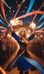 blond woman in blue and black dress holding fire sparklers