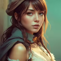 the woman has a brown hat and a blue blouse