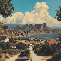 cars parked in a row along a street leading to the ocean