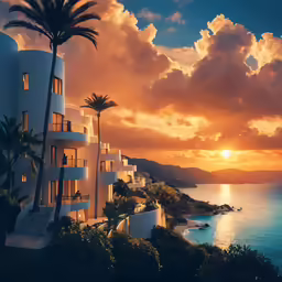 a picture of a resort at sunset with the sun shining