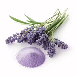 lavender sugar sits beside some green leaves