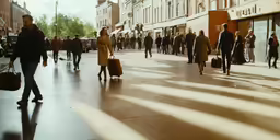 a street scene with people walking, a lot of luggage