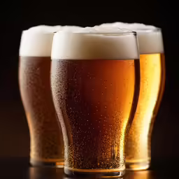 three glasses of beer are lined up on a table