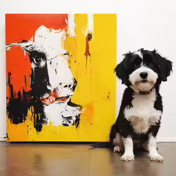 dog sitting next to a colorful painting that looks like it is being watched by someone