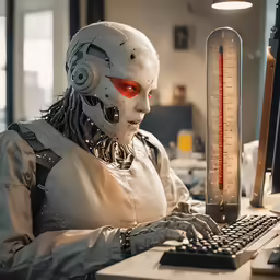 the robot person has two red eyes