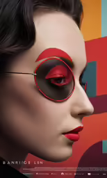 a woman with red glasses has a strange eye on her nose