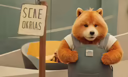 a stuffed bear holding a sign next to a curved building