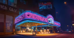 the neon light displays at night time in the city,an old theater is on the street in the city