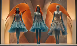 three women in a runway with a sky blue dress