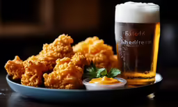 a plate of chicken nuggies next to a glass of beer
