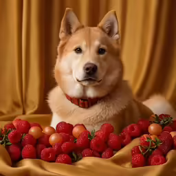 a brown dog sitting next to a pile of strawberries