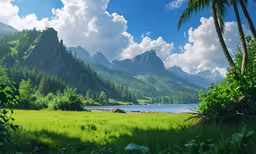 a scenic photo of some mountains next to a river