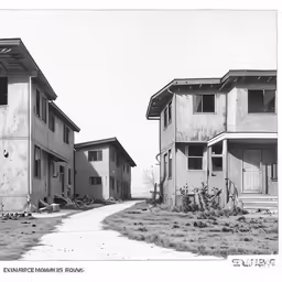 a drawing of some old building next to each other