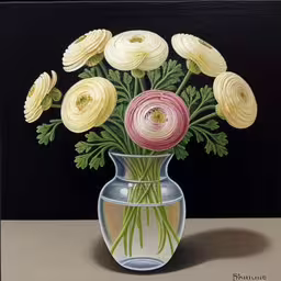 a vase with flowers sitting on top of a table,a painting of an arrangement of flowers in a vase,an oil painting of white and yellow flowers,a painting of flowers in a clear vase,flowers are sitting in the clear vase of water