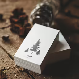 several business cards and one is designed with trees on them