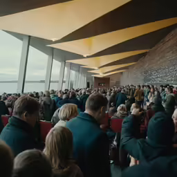 a crowd of people in a room looking out a window