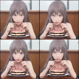 multiple shots of a woman with different expressions eating food