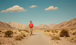a man in a red jacket is walking in the desert