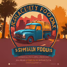an old truck sitting on the side of a road with a blue sign that reads, three minute tour,a sign for a three day food bank