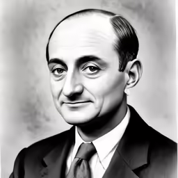 a black and white photo of a smiling man wearing a suit