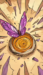 an illustration of a piece of art with a butterfly flying around