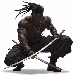 a black man in full armor and weapons with a sword