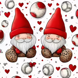 a red gnome is sitting on a ball with heart shaped balls and a baseball pattern