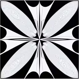 an intricate black and white design with two pointed wings,the design features many intricate lines that give it unique flair