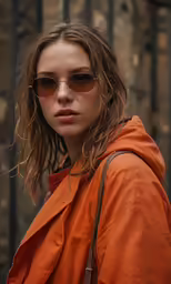 a young woman wearing a orange jacket and brown sunglasses