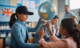 a woman reaching up to a blue world map ball
