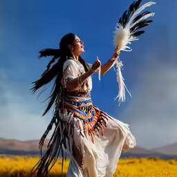 a native american woman dancing in a field