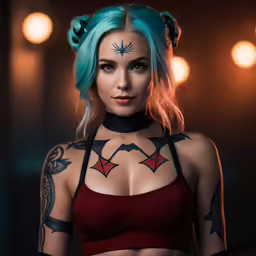 a woman with blue hair and tattoos standing in a room