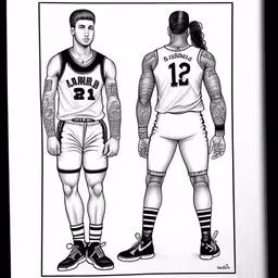 the illustrated drawing shows an illustration of two people wearing basketball uniforms,an illustration of two basketball players, one wearing a jersey,two basketball players in their uniforms, one wearing a jersey,two people in basketball uniforms and number one standing next to each other,two basketball players are holding their hands up