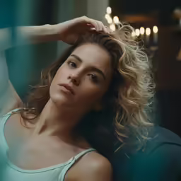 a beautiful woman laying on a couch wearing a white tank top