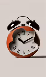 an orange and black alarm clock with roman numerals