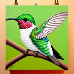 a painting of a hummingbird on a branch on a green background,this painting depicts an exotic bird resting on a twig,a close up of a painting of a hummingbird on a branch,a painting of a humming bird perched on a branch,a close up of a bird on a tree branch