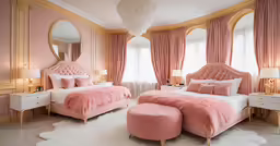 bedroom with pink furniture and round mirror