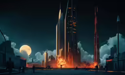 a bunch of people are standing around a city