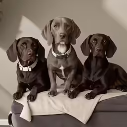 three chocolate colored dogs sitting on top of a dog bed