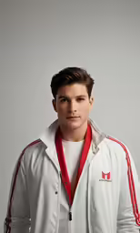 a man wearing white jacket with red trim on the sides