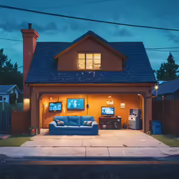 the car garage is lit up by lights and a sofa
