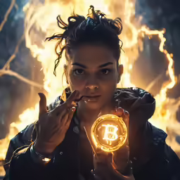 a woman holding a glowing bit coin up to her face